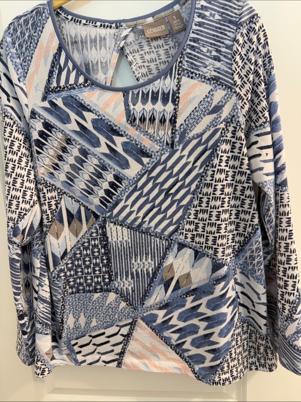 Chico's Blue Geometric Patchwork Crewneck Sweater